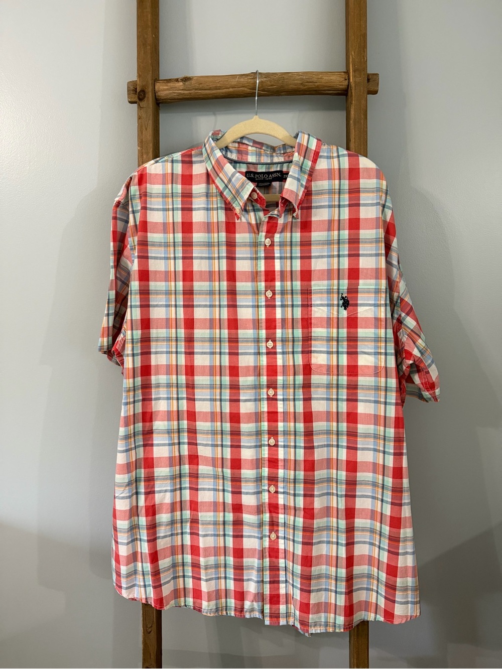 U.S. Polo Assn. Red, White & Blue Plaid Short Sleeve Button-Down Shirt